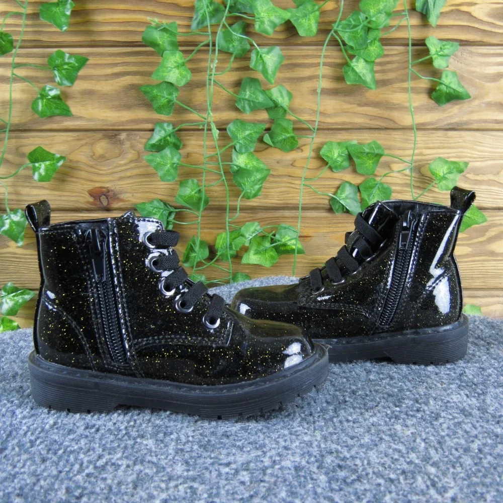 There‎ Abouts Lil Reese Toddler Kids Black Glitter Ankle Boots 6 Laces Zipper